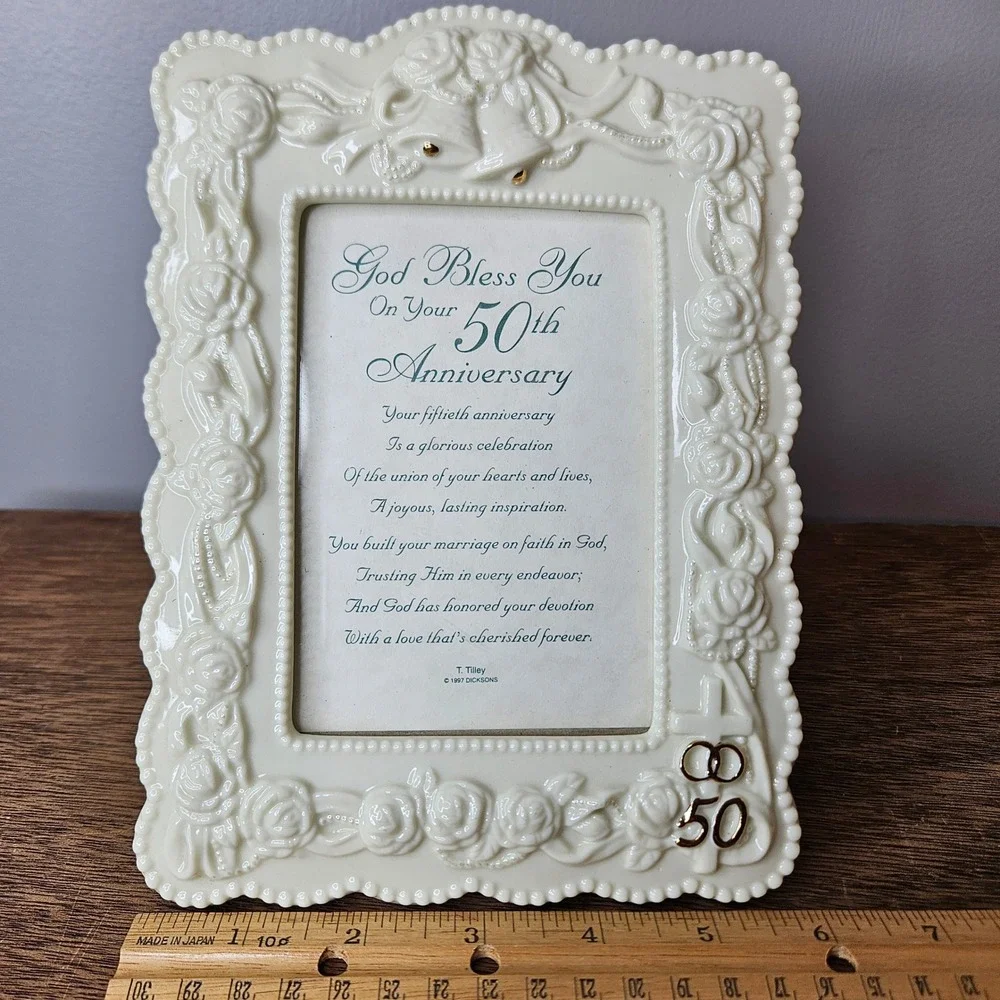 Dicksons 50th Anniversary Photo Frame God Bless You Religious 4x6 Cream Rose Vtg
